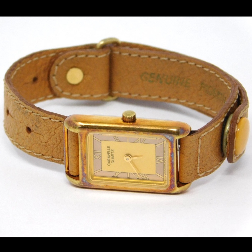 Vintage Caravelle Women Watch 48L63 Tank Gold Pigskin Snap On Strap 1985 Ladies